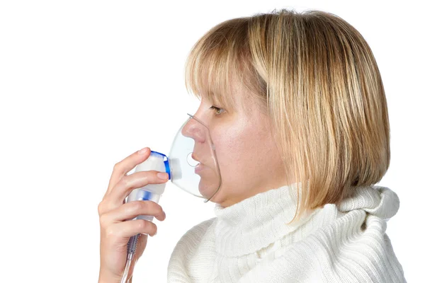 Sick cough woman using inhaler mask isolated — Stock Photo, Image