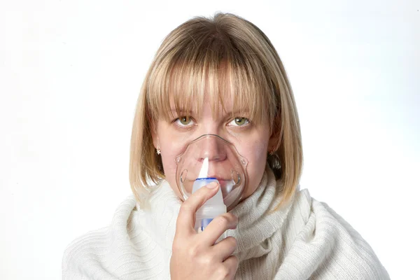 Sick cough woman using inhaler mask isolated — Stock Photo, Image
