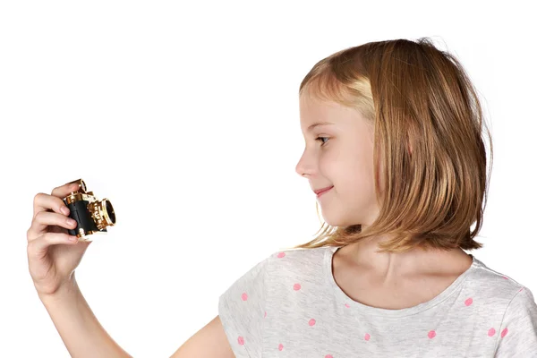 Girl photographing herself makes selfie isolated — Stock Photo, Image