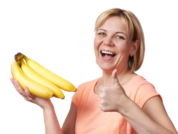 Счастливая и здоровая женщина с бананами — стоковое фото