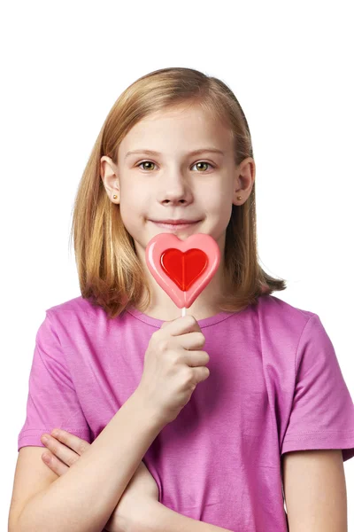 Beautyful girl with lollipop hearts — Stock Photo, Image