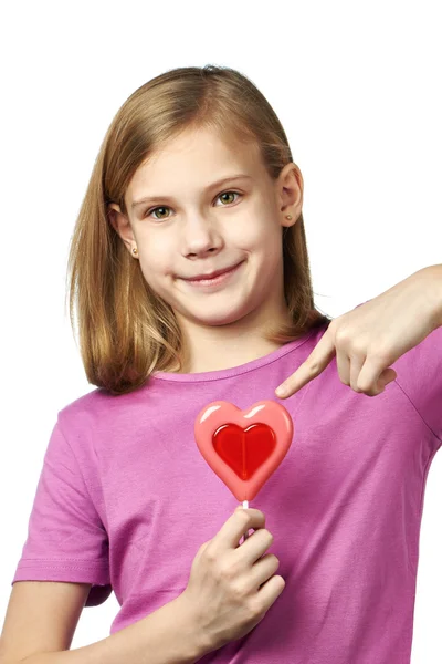 Funny girl with lollipop hearts — Stock Photo, Image