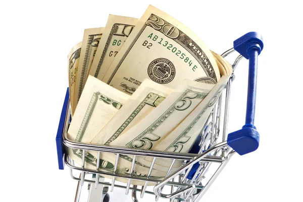 Shopping trolley with money isolated — Stock Photo, Image