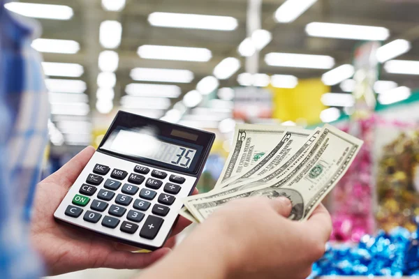 Housewife with dollars and calculator — Stock Photo, Image