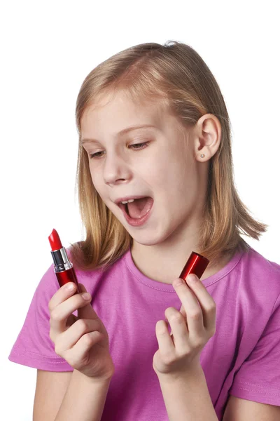 Chica con lápiz labial rojo — Foto de Stock