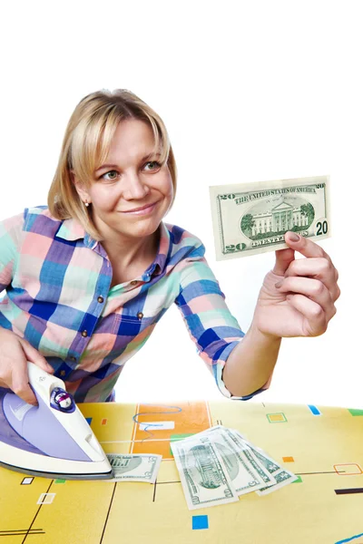 Beautiful woman with dollars and iron — Stock Photo, Image