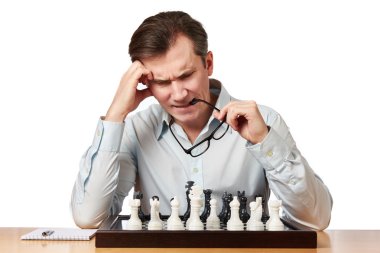 Man with glasses playing chess isolated clipart