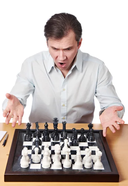 Man emotionally perturbed game combination in chess — Stock Photo, Image