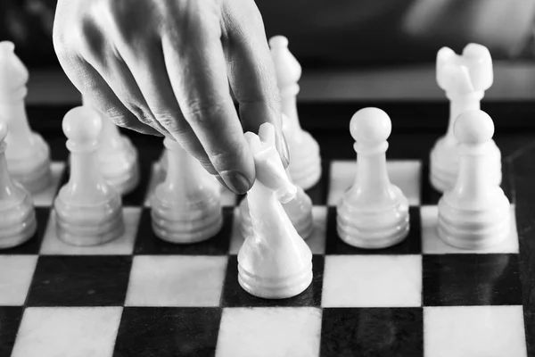 Hand with white knight on chessboard — Stock Photo, Image