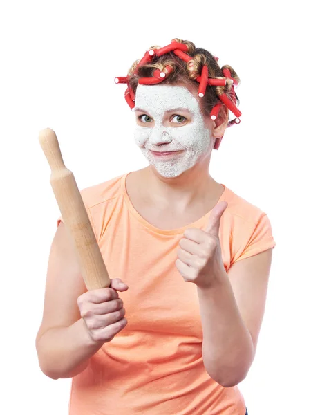 Funny housewife with roller-pin — Stock Photo, Image