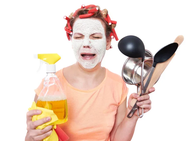 Housewife with rag, roller-pin and pan — Stock Photo, Image