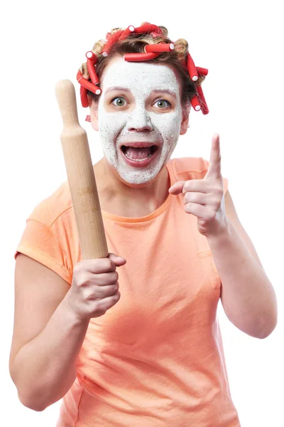 Funny housewife with roller-pin — Stock Photo, Image