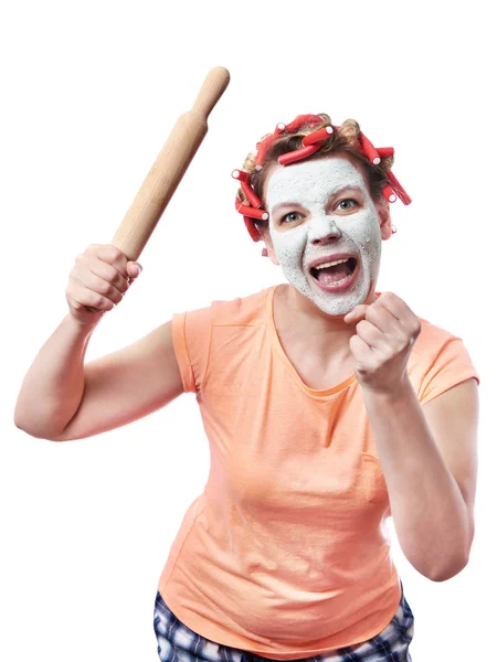 Funny housewife with roller-pin — Stock Photo, Image