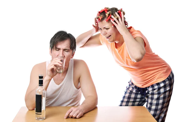 Family scandal because of drunkenness of her husband — Stock Photo, Image