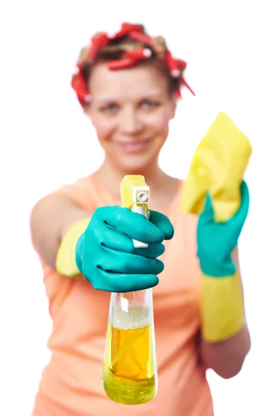 Housewife with rag wipe and cleaning spray — Stock Photo, Image