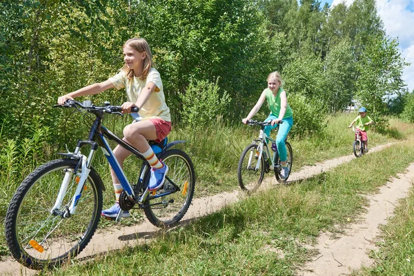 Niños felices en bicicleta en el camino del campo —  Fotos de Stock