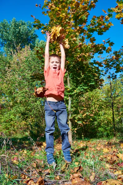 Chlapec na lyžích v krásném podzimním parku — Stock fotografie