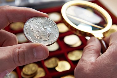American dollar in hands of numismatist clipart