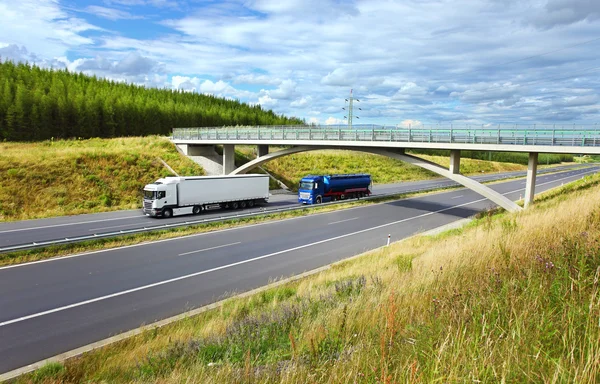 Vrachtwagen vervoer op de weg onder brug — Stockfoto
