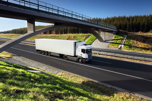 Transport ciężarowy na drodze pod mostkiem — Zdjęcie stockowe