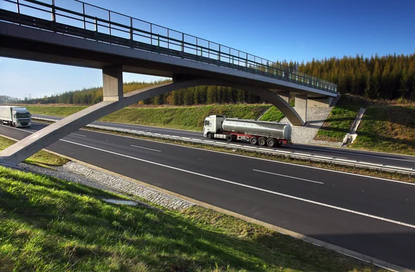 Vrachtwagen vervoer op de weg onder brug — Stockfoto