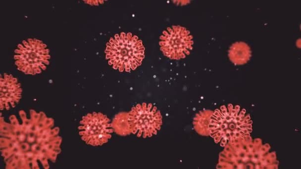 Wirus koronawiry19 patogenu wewnątrz zakażonego organizmu. Wirus pod mikroskopem jako czerwone krwinki na czarnym tle. Niebezpieczne przypadki szczepu wirusa prowadzące do epidemii. Animacja renderowania 3D w wideo 4K. — Wideo stockowe