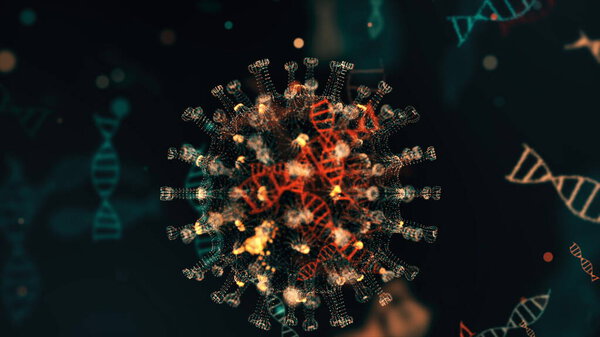 Pathogen of coronavirus 2019-nCov inside infected organism presented as blue color round cells on black background. 2019-nCoV, SARS, H1N1, MERS and other epidemic viruses concept. 3d rendering in 4K.
