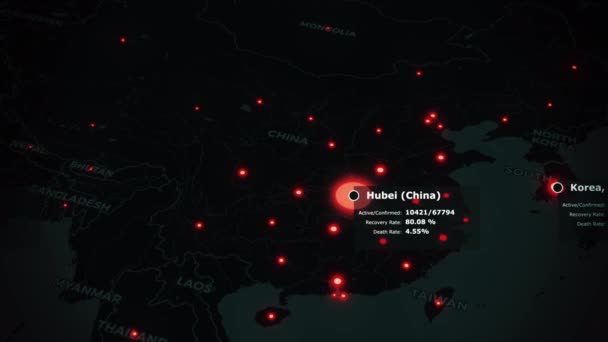 Global karta över coronavirus COVID-19 pandemi. Viruset sprider sig från Kina över världen. Mörka fastlandet med röda infekterade städer och statistik data. Epidemiskt koncept 3D-renderingsbakgrund i 4K. — Stockvideo