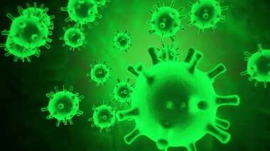 Siyah bir zemin üzerinde hareket eden yeşil küresel mikroorganizmalar olarak gösterilen enfekte organizma içindeki Coronavirus 2019 nCoV patojen hücrelerinin sanal animasyonlu temsili. 4K görüntüleme 3D soyut.