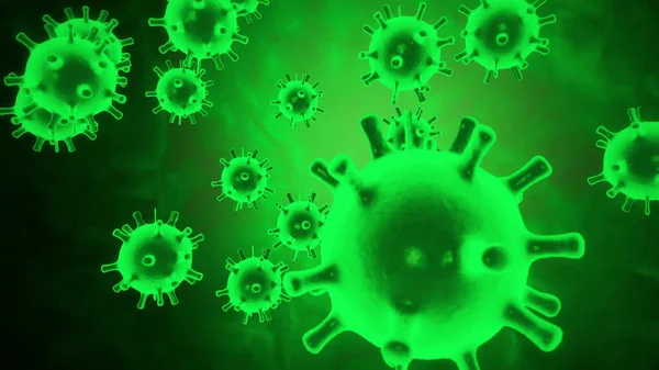 感染した生物内のコロナウイルス2019-nCoV病原体細胞を黒の背景に移動する緑色の球状微生物として仮想的に表現する。アブストラクト3Dレンダリング4Kビデオ. — ストック写真