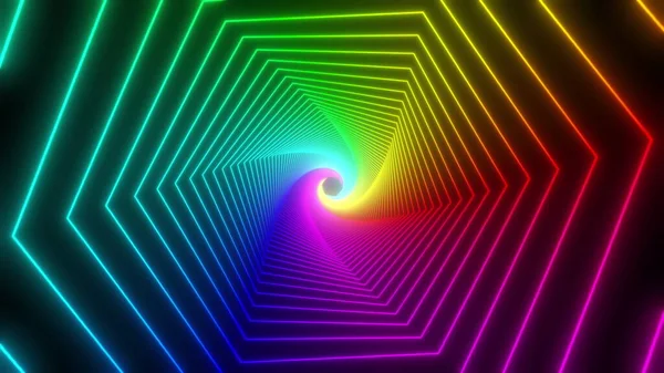 Arco iris brillo hexágono túnel bucle. Animación 4K sin costuras. Fondo de pantalla de movimiento abstracto con caja de bucle animado. Marcos de neón brillantes con colores brillantes sobre un fondo negro. Renderizado 3D —  Fotos de Stock