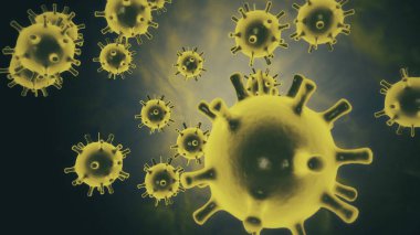 Koronavirüs covid 19 hücrelerinin sarı renkli animasyonu ve bir elektron mikroskobunda büyütme altında siyah bir arkaplanda izole edilmesi. 4K video içinde soyut 3D patojen yorumlama kavramı.