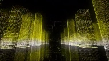 Dijital şehrin sarı ve beyaz renkli modelinde siyah arkaplanda rastgele sayılar ve semboller vardı. İş, iletişim ya da dijital teknoloji kavramı. 3d görüntüleme 4k