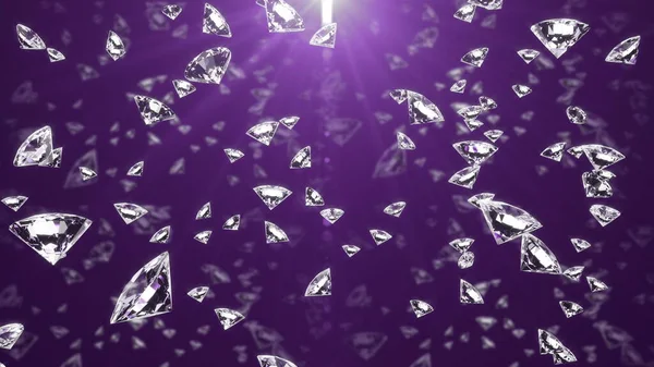 Visuelle Wirkung. Kristalle, die in Lichtstrahlen glitzern, fallen auf einen violetten Hintergrund. Flackern auf gläsernen Gesichtern. Animation in Endlosschleife. 3D-Darstellung — Stockfoto