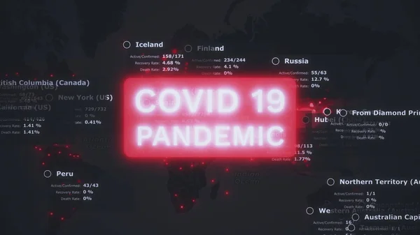 Mappa del mondo di Coronavirus COVID 19 con dati statistici sulla salute e avviso pandemico di colore rosso. L'infezione da virus Wuhan si diffonde in tutto il mondo. Concetto epidemico Rendering 3d sfondo animato 4K video. — Foto Stock