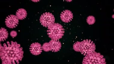 Koronavirüs Covid-19 hücrelerinin pembe renkli animasyonu ve elektron mikroskobunda büyütme altında koyu bir arkaplanda izole edilmesi. Soyut konsept 3D görüntüleme 4K.