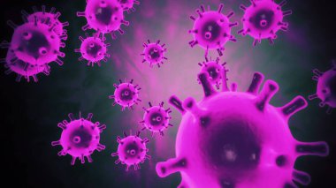 Coronavirus 19 bulaşıcı maddeyi ele geçirdi. İnsan vücudunun içindeki koronavirüs 2019-nCov patojeni virüsü siyah uzay arka planında hareket eden mor renk hücreleri olarak gösteriliyor. 3d canlandırma döngüsü 4K video.