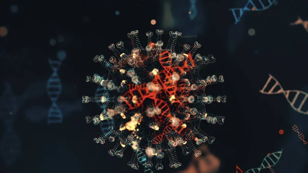 Virus coronavirus 2019-nCoV infektion visualisering. Patogena celler inuti infekterade människor visas som neon gröna sfäriska mikroorganismer på en svart bakgrund. Animerad 3D-återgivning närbild 4K video. — Stockfoto