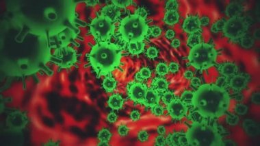 Kan damarlarındaki Coronavirus 2019-nCov 'un virüs hücreleri siyah zemin üzerinde mavi renkli hücreler olarak. Koronavirüs, SARS, MERS gibi tehlikeli virüs vakalarının animasyon konsepti. 3D görüntüleme 4K.