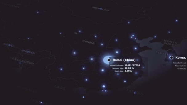 Coronavirus COVID 19黑暗的全球地图，带有蓝色的健康数据和大流行病警告。中国的乌汉病毒感染遍布全球.流行病概念3D渲染动画背景4K视频 — 图库视频影像