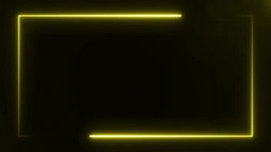 Siyah zemin üzerinde sarı renkli iki hareketli çizgiden oluşan dijital soyut neon çerçeve, 3D canlandırılmış 4k video.