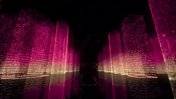Яркая неоновая модель цифрового города в белом и розовом цветах и камера быстро перемещается по центру города. Концепция бизнеса и цифровых технологий. Черный фон 3d рендеринг 4k — стоковое видео