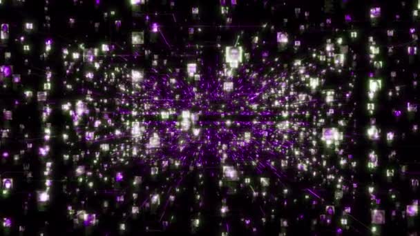 Conceito de inteligência artificial de uma rede social com um fluxo de retratos movendo-se ao longo de conexões de rede púrpura brilhante em fundo ciberespaço preto. 3D renderização de imagens 4K. — Vídeo de Stock