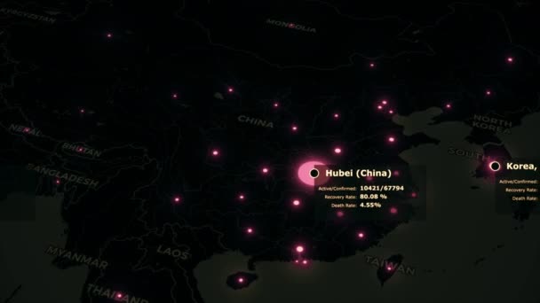 Pandemiczna globalna mapa rozprzestrzeniania się koronawirusu covid-19. Czarne kontynenty z różowymi kolorowymi miastami wskazują na statystyki epidemii. 3D renderowanie animowane tło wideo 4K. — Wideo stockowe