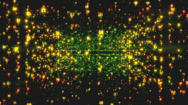 Концепция социальной сети с потоком неузнаваемых людей портреты в ярко-желтом цвете, соединяющие друг друга в Интернете с зелеными линиями на черном фоне, 3D рендеринг 4K кадров — стоковое фото