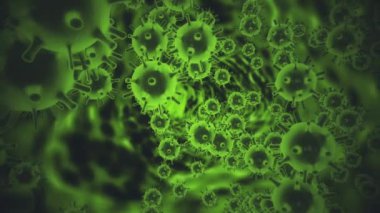 Enfeksiyon kapmış organizmanın içinde Covid19 Coronavirus patojeni. Virüs mikroskop altında, siyah zemin üzerinde yeşil hücreler olarak. Salgına yol açan tehlikeli virüs vakaları. 4K video içerisindeki 3d canlandırma canlandırması.