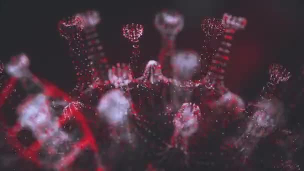 3D vizualizace koronaviru. Patogeny a řetězec DNA jsou zobrazeny jako kulatá azurová buňka s hřeby a DNA helikoptérami na černém pozadí. Animovaný koncept nebezpečného virového kmene. 3D — Stock video