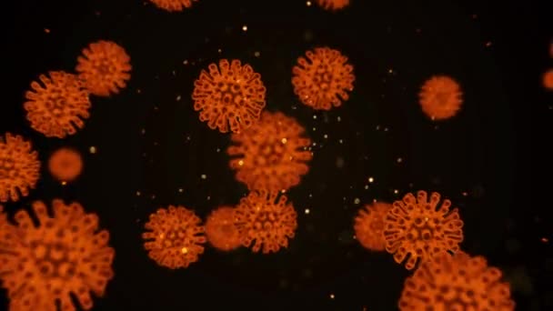 Las células virales del coronavirus covid19 se mueven en un vaso sanguíneo en forma de células de color naranja que flotan en el espacio oscuro sobre el fondo. Concepto de virología en vídeo abstracto 3D renderizado 4K. — Vídeo de stock