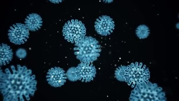 Patogen av coronavirus covid19 inuti infekterade organismen är under mikroskop visas som blå celler på svart bakgrund. Fall av farliga virusstammar som leder till epidemi. 3D-renderingsanimering i 4K. — Stockvideo