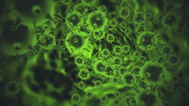 Covid19 koronavírus kórokozó a fertőzött szervezetben. Vírus mikroszkóp alatt, mint zöld sejtek fekete alapon. Veszélyes vírustörzsek járványhoz vezetnek. 3D renderelés animáció 4K videóban. — Stock videók